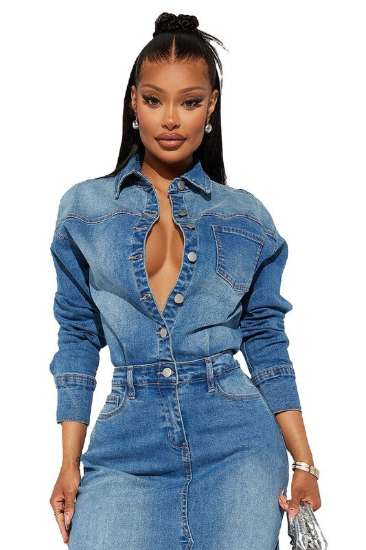 Stylish Long Sleeve Denim Maxi Dress with Cut Off Front